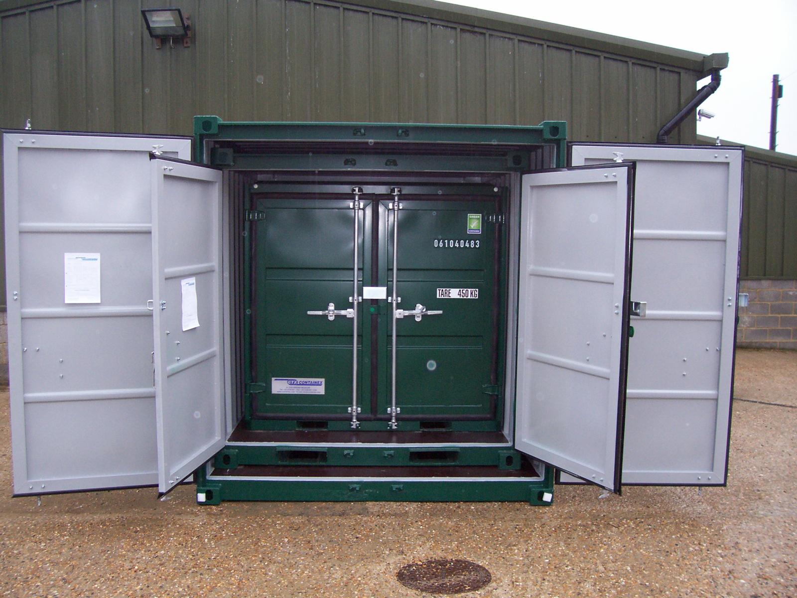 Green insulated secure storage container with double doors open